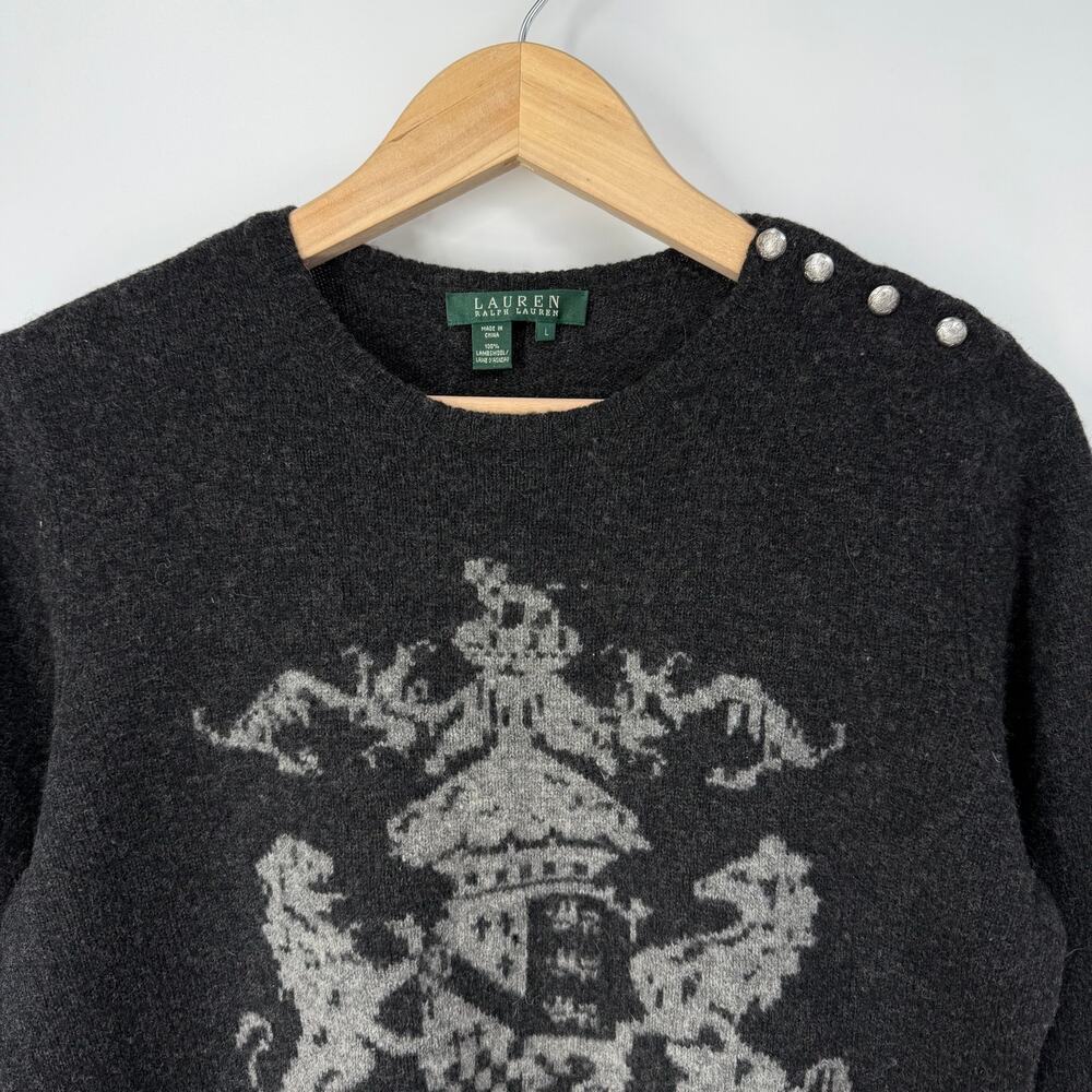 Ralph Lauren Coat of Arms Sweater Lion Horse Wool Crew Neck Button Shoulder - Picture 3 of 9